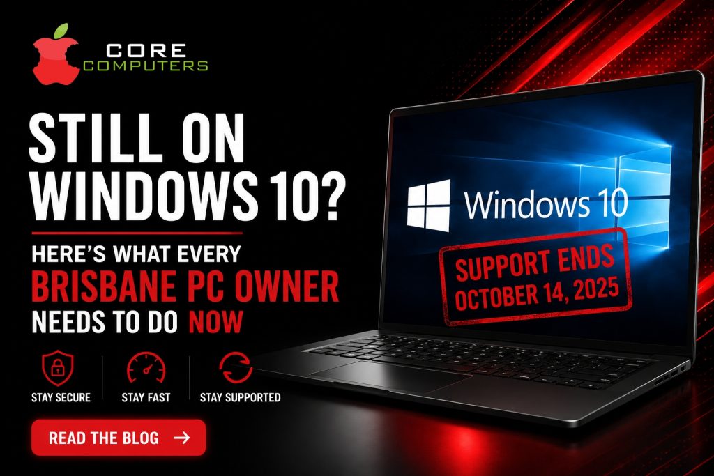 Windows 10 laptop displaying support end date of October 14, 2025, with a message advising Brisbane PC owners to upgrade, stay secure, and stay supported.