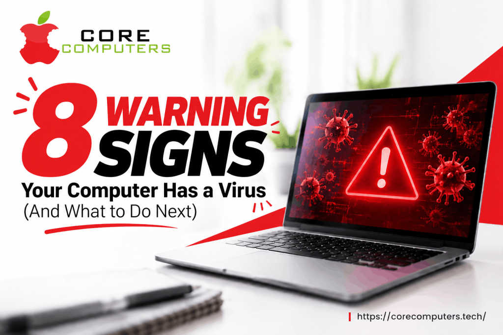 Laptop screen with red warning triangle showing warning signs your computer has a virus.