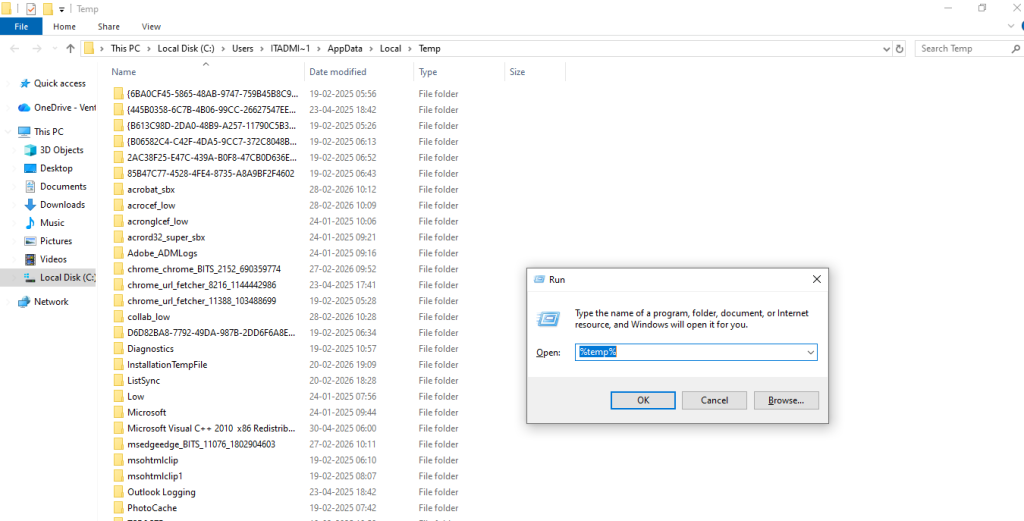 Contents of the Windows Local AppData Temp folder showing files to be cleared to speed up a slow computer — computer repair
Brisbane advice by Core Computers