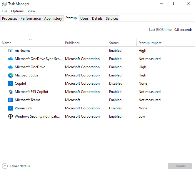 Windows Task Manager showing Startup tab with high impact apps like Microsoft Teams and OneDrive — speed up slow computer repair Brisbane tip